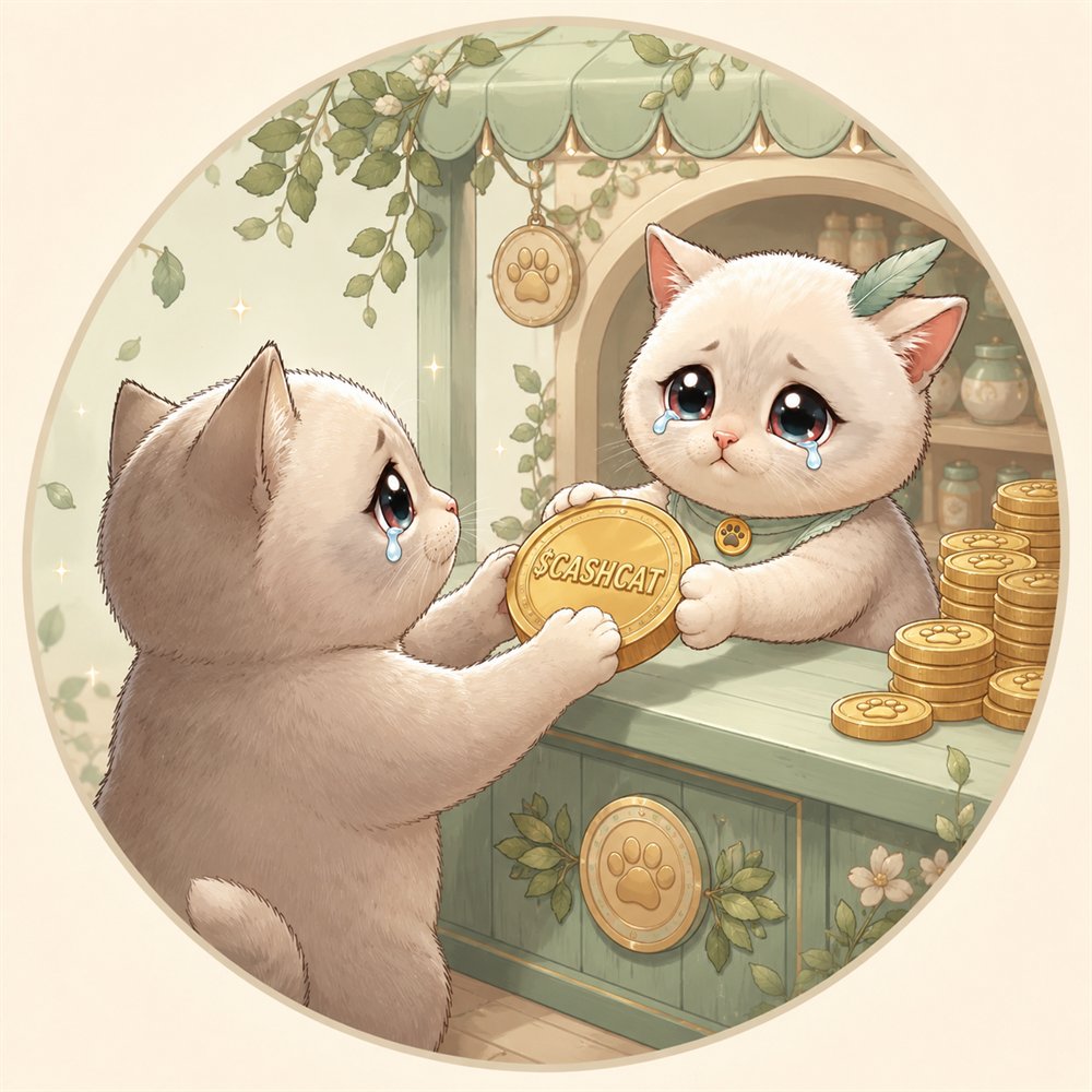 Baby CashCat handing a CashCat coin to a holder